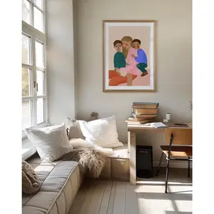 Mum and Two Boys Art Print | Motherhood Poster, Family Illustration for Kids Room Decor, Sibling Wall Art