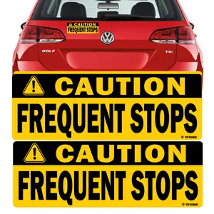 2pc Black Caution Frequent Stops Magnet & Sticker 10"X3.5" Highly Reflective Car Safety Caution Sign