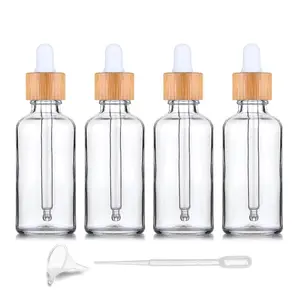 4 Pack,Clear Glass Dropper Bottle for Essential Oils,Empty Liquid Perfume Bottles With Pure Glass Pipettes,Bamboo Lid Cosmetic Travel Sample Container Vials-Pipette&Funnel included (50ml/1.7 Ounce)
