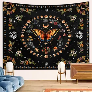 Butterfly & Moon Pattern Boho Floral Design Tapestry, 1 Count Bohemian Style Wall Decorating Hanging Tapestry, Wall Art Decor for Home Living Room Bedroom Dormitory, Flowers Decoration Items, Halloween