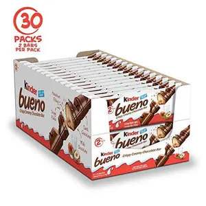 Kinder Bueno Milk Chocolate and Hazelnut Cream Candy Bar, 30 Packs, 2 Individually Wrapped Bars Per Pack