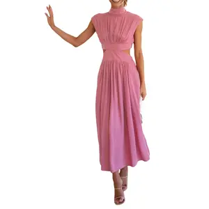 Women Summer Casual Long Dress Solid Color Stand Collar Waist Hollow-Out Sleeveless Dress Beach Holiday Loose Dress