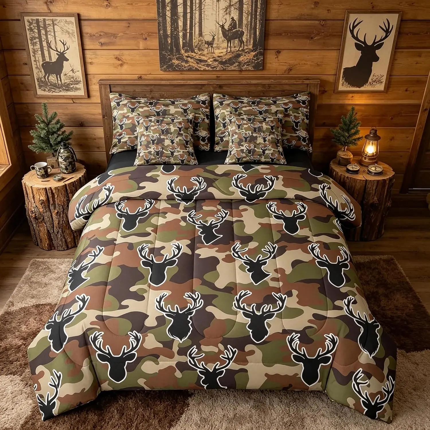 Camo Deer Hunting Comforter Set 7 Pieces Deer Hunter Bedding Set Camo Army Bed in a Bag with Comforter & Sheets & Cushion Covers Camouflage Bedroom Decor