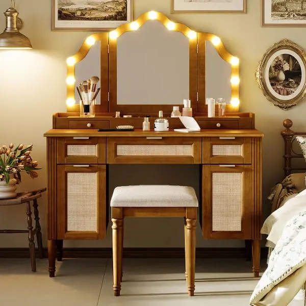 Rustic Vintage Natural 44.37in Sturdy Espresso Farmhouse Rattan Makeup Vanity Desk - Tri-Fold 13-Bulb 3-Mode LED Hollywood Mirror, Charging Station, 5 Drawers, Storage Shelves, Bedroom Dresser Organizer (Get Ready Essential), Led Lights, Multi-Mirror