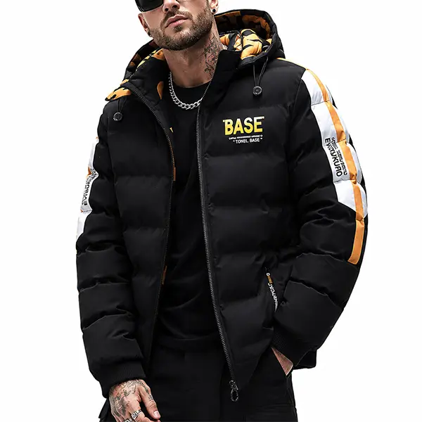 Men’s reversible hooded cotton jacket with all-over letter print in yellow and black, contrasting design; thick winter outerwear with two wear options for streetwear.