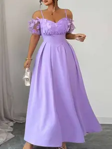Plus Size French Romantic Halter Long Dress, 3D Flower Off-Shoulder Waist Cinch A-Line Evening Gown, Elegant Party Wear