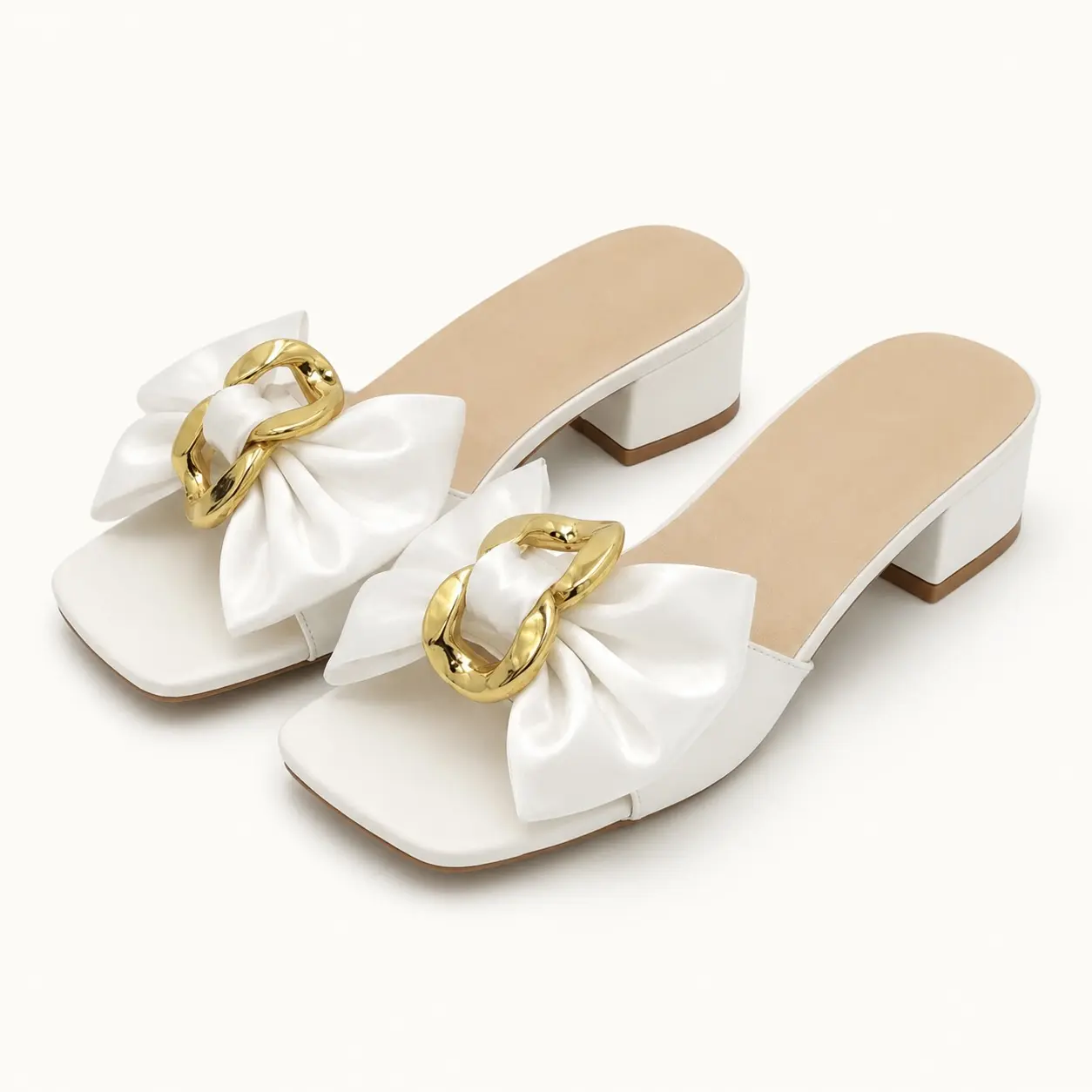 GeeYea women’s White Bow Low Heel Slide Sandals, Square Toe Slip-On Dress Sandals with Gold Chain Accent, PU Upper, Synthetic Leather Lining & Rubber Sole, Elegant Shoes for Office, Date Night, Party & Spring Summer Outfits