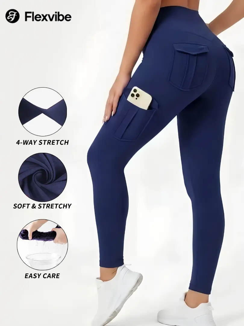 Flexvibe Women High Waist Cargo Leggings, 4-Way Stretch Workout Pants with Multi Pockets for Sports Daily Wear