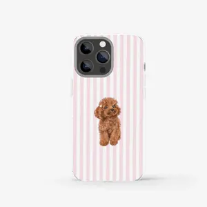 🧸 Poodle Princess Pink Stripe IP Phone Case 🌸 | Tiny Brown Dog Watercolor Art | Cozy Pet Lover Aesthetic Cover | For IP Phone 17, 16, 15 Pro Max, 14, 13, 12, 11, X Series