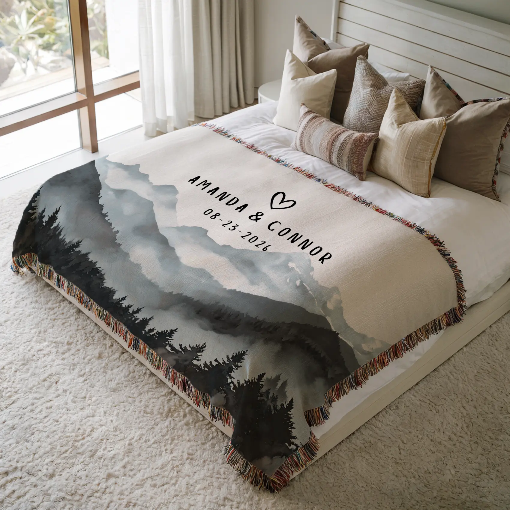 Personalized Wedding Blanket, Custom Couple Gift, Anniversary Gift, Newlywed Blanket, Mountain Landscape Throw