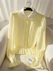 Elegant Chic Cream Yellow & White Contrast Collar Button Ruffle Long Sleeve Collared Women's Blouse Shirts | Summer Waist-Cinched Fitted Ladies' Chiffon Top | Lightweight Fabric Flare Sleeves, Perfect for Casual, Office & Daily Commute Button Front Blouse