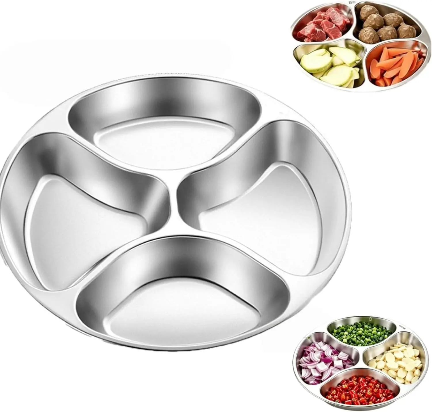 4 Compartment Stainless Steel Divided Plate, Portable Round Food Prep Tray, Reusable Separate Serving Plate for Kitchen Cooking, Camping, Picnic and Meal Prep