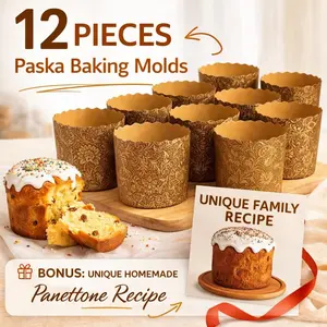 15 oz Kulich & Panettone Baking Molds – 12 Pack | Large Non-Stick Easter Bread Paper Forms | W 5.1" x H 3.4" | Oven & Microwave Safe | Brown Elegant Design + Bonus Family Recipe