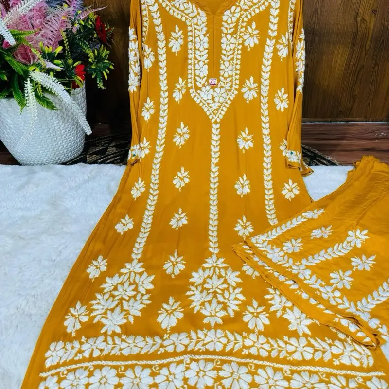 Lucknowi Chikankari 2pcs Premium Heavy Designer Modal Palazzo Set Floral Elegance Traditional Craftsmanship Womenswear Clothes 46 Inches Special Events Dry Clean - Casual, Dress