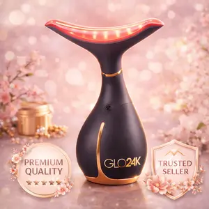 GLO24K Skin Rejuvenation Beauty Device for Face and Neck - Triple Action LED Thermal Vibration Technologies Reduce Wrinkles Nourish Skin Travel Friendly