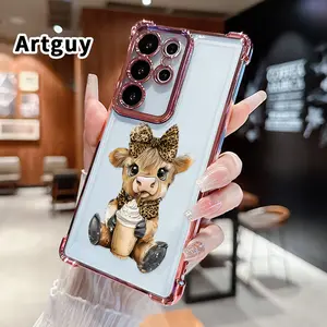 Compatible with Samsung Galaxy S23 Ultra S24 Plus S25 S22+ FE Edge Phone Case Leopard Bow Calf Pattern Transparent Full Coverage Four Corners Anti-drop Casing