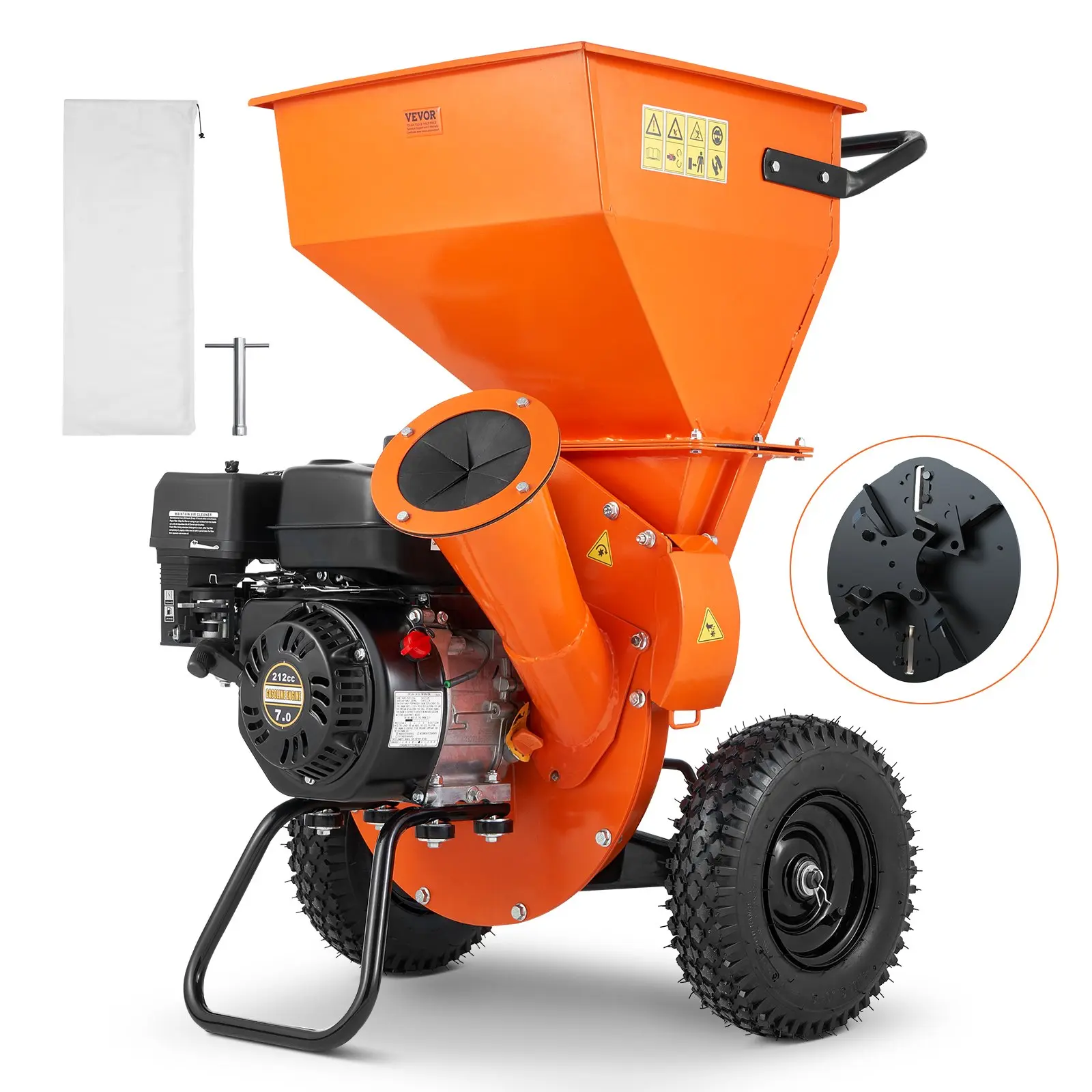 【BackToSchool】VEVOR Heavy Duty Wood Chipper Shredder Mulcher, 7HP 212cc 4.1kW Gas Powered, 3-in Feed Capacity, Flywheel, 4 Hammers, 15:1 Reduction Ratio, 12-inch Polyurethane Wheels, Portable, Ergonomic Handle, Efficient Performance, Four Hammers