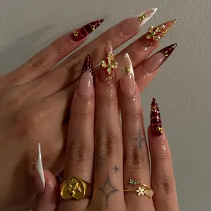 Gold Cross Gothic Press On Nails | Gothic Gold & Deep Burgundy Nail Art | Handmade Stiletto Nails | Elegant Fake Nails