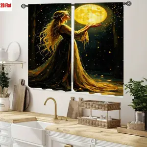 2D Flat 2Pcs Woman Holding Moon With Stars Digital Print Curtains for Living Room Bedroom Fantasy Mystic Bohemian Style All-Season Decor