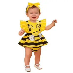 2026 New Baby Girl 2-Piece Summer Outfit| Cute Bee Print Ruffle Romper, Striped Skirt & Matching Headband, Soft & Breathable for Outdoor, Playtime & Photoshoots