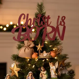Nativity Christmas Tree Topper Christian Christ is Born Wooden Tree Decoration 12 x 10 Inch Religious Nativity Scene Birth of Jesus Treetop Decor for Party Holy Night Home Favor (Red)