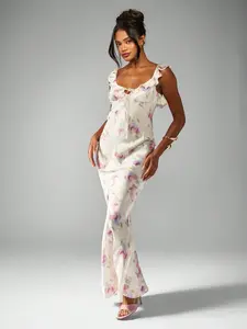 MISSGUIDED Watercolor Floral Print Satin Maxi Dress With Ruffle Trim And Empire Waist