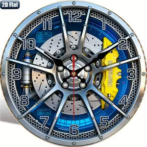 2D flat design. 1 piece set. Car modified wheel hub clock, silent decorative clock, creative clock, suitable for bedroom, living room, and office decoration, 25/30cm (excluding AA batteries), 2D flat version