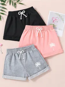 Teen & Preteen Girls 3-Piece Shorts Bundle (110-170cm), Soft Elastic Waistband Shorts with Bow Drawstring, Bow Decor Shorts with "Palm Tree" Tropical Print, Comfortable Casual Shorts for School, Sports & Everyday Wear