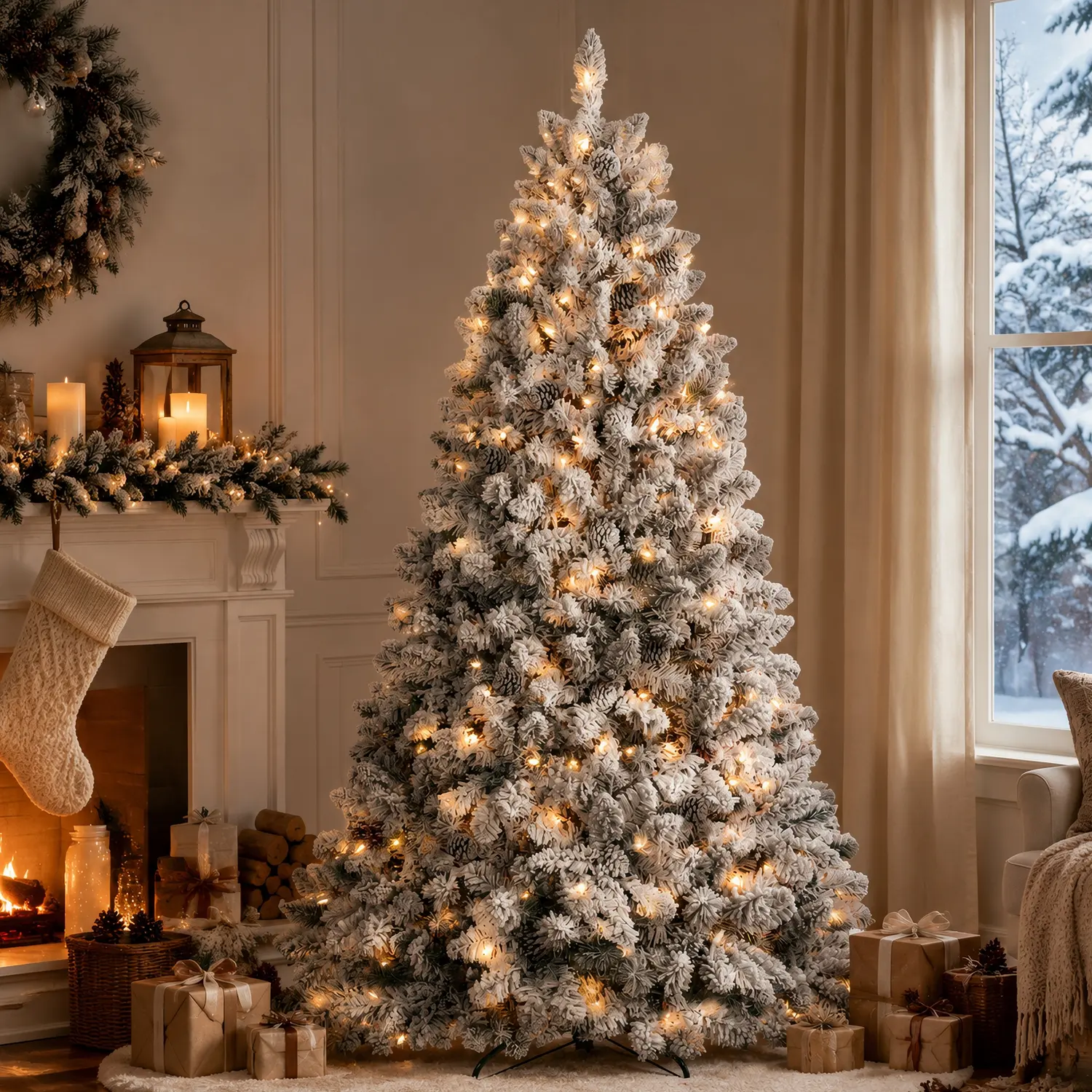 Flocked Artificial Christmas Tree (4-7 FT) - Pre-Lit or Unlit, with Pinecones, Natural PVC Branches, Hinged Design, Indoor Holiday Decor for Home Office