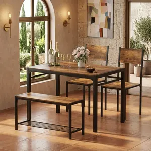 4 Piece Industrial Dining Table Set with 2 Chairs & 1 Bench, Heavy Duty Steel Frame MDF Dinner Table, Space Saving Counter Height Dining Furniture for Home Kitchen Small Dining Room Daily Use