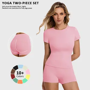 New Women's Two-Piece Set: Solid Color High-End T-shirt and High-Waisted Fitted Shorts Sports Set. This breathable and quick-drying casual sports set is ideal for yoga, gym workouts, summer wear, and fitness running activities.