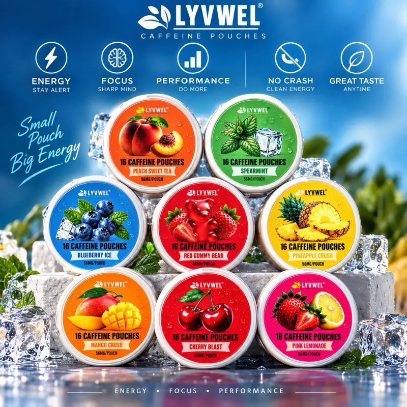 Caffeine pouches - 8 pack 56 mg each. Pink Lemonade, Blueberry, Peach Sweet Tea, Spearmint, Mango Crush, Strawberry , Cherry Blast & Pineapple Crush energy drink Beverage,Natural energy  drink Sugar-Free Nootropic