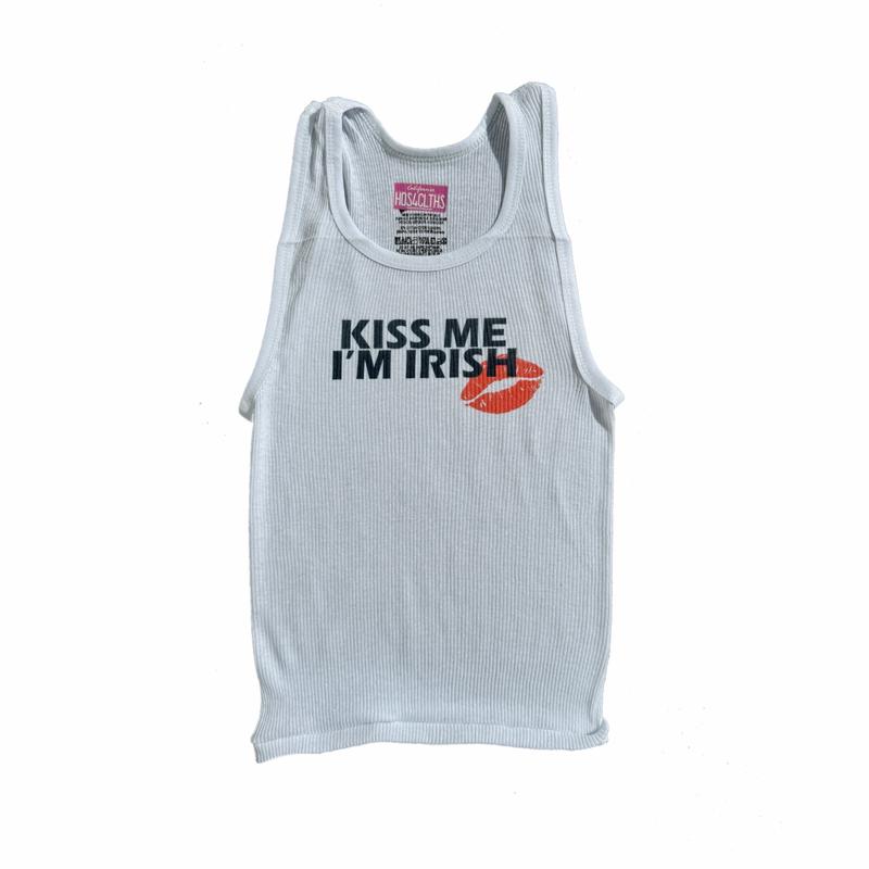KISS ME IM IRISH Ribbed White Graphic Tank Top St Patrick's Day St Frattys St Paddys Clover Lucky Girl Printed Comfort Womenswear Cotton Casual Sleeveless