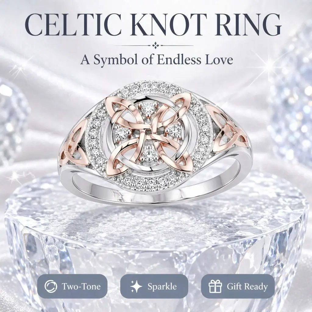 Women Two-Tone Celtic Witch Knot Promise Ring, Silver Rose Gold Halo Cubic Zirconia Trinity Knot Ring, Irish Protection Amulet Jewelry Gift for Her Birthday Valentine Anniversary