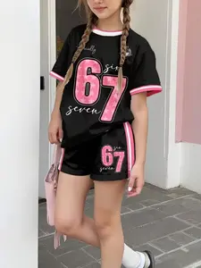 Spring Summer Girls Fashion Casual 2-Piece Set, Round Neck Short Sleeve Digital Print T-Shirt and Shorts Set, Fitted All Seasons, Summer Outfits Set, Summer Clothes Set
