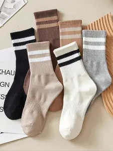 Women's Striped Knitted Breathable Casual Classic Business Sports Running Cycling Socks, Comfortable Mid-Calf Style, Autumn Winter Fashion, Unisex Design