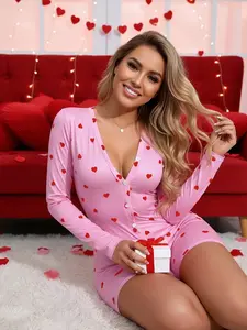 Women's Sweet Sexy Printed Long Sleeves Jumpsuit, Sleep Onesie, Cute Comfortable Sleepwear, Loungewear, Perfect for Home Relaxation, Fashion Casual