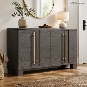 Modern Freestanding Storage Cabinet Sideboard Buffet - ARCH TREXM 60x15.7in MDF+Ash Wood Cabinet with Adjustable Shelves, Gold Handles, Taupe Finish for Kitchen, Dining Room, Modern Sideboard Buffet