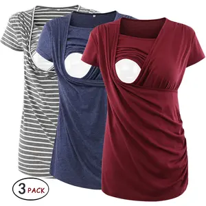 ECAVUS Women's 3-Pack Short Sleeve Maternity Nursing Tops - Casual Fit Maternity, Side Ruched Breastfeeding Shirts, Nursing Clothes, Postpartum & Pregnancy Outfits for Summer Work