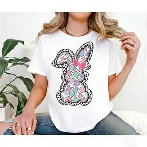 Casual Women Round Neck Short Sleeve T Shirt White Easter Bunny Pink Bow and Colorful Swirls Print Perfect for Spring Holidays and Celebrations