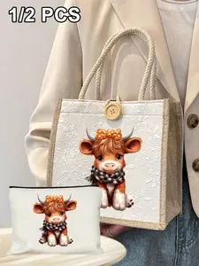 Charming Highland Cow Print Handbag Sling Bag, Leopard Bow Calf Pattern, Linen Travel Bag, Large Capacity, Women's Gift, School, Work, Holiday, Casual Commuting Handbag