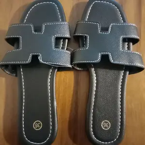 Name Classic Gray Leather Slides with White Stitching and Gold Logo Comfortable Women's Footwear