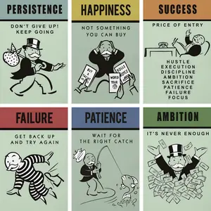 Monopoly Inspirational Art Poster Success, Happiness, Patience, Failure, Ambition, Home Office Living Room Wall Decor