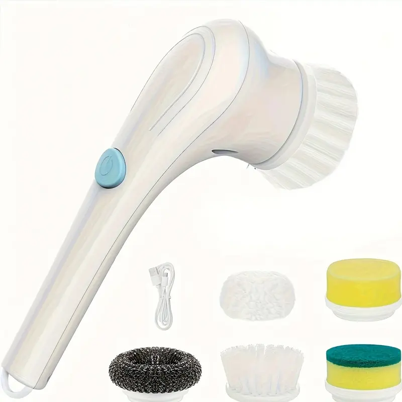 Cordless Power Spin Scrubber Brushes - 5 Replaceable Heads, USB Charge Rechargeable, Powerful Deep Clean Handheld Electric Rotating Gadget for Bathroom, Kitchen Households, Power Scrubber Brushes, Powerful Cleaning Tool