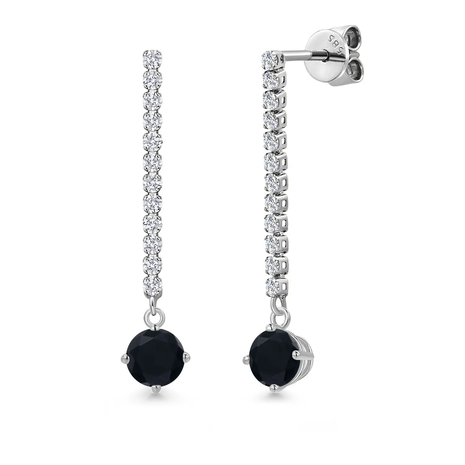 14K White Gold Black Onyx and White Lab Grown Diamond Long Liner Dangle Earrings for Women | 1.31 Cttw | Gemstone December Birthstone | Round 5MM | White Gold Chain Drop Earrings