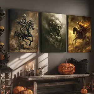 3 Counts Wooden Framed Canvas, Terrifying Skeleton Knight, Halloween Home Poster, Halloween Party Decorations, Living Room And Bedroom Hanging Paintings, Horror Theme, Interesting Posters, Exquisite Gifts, High-Definition Art