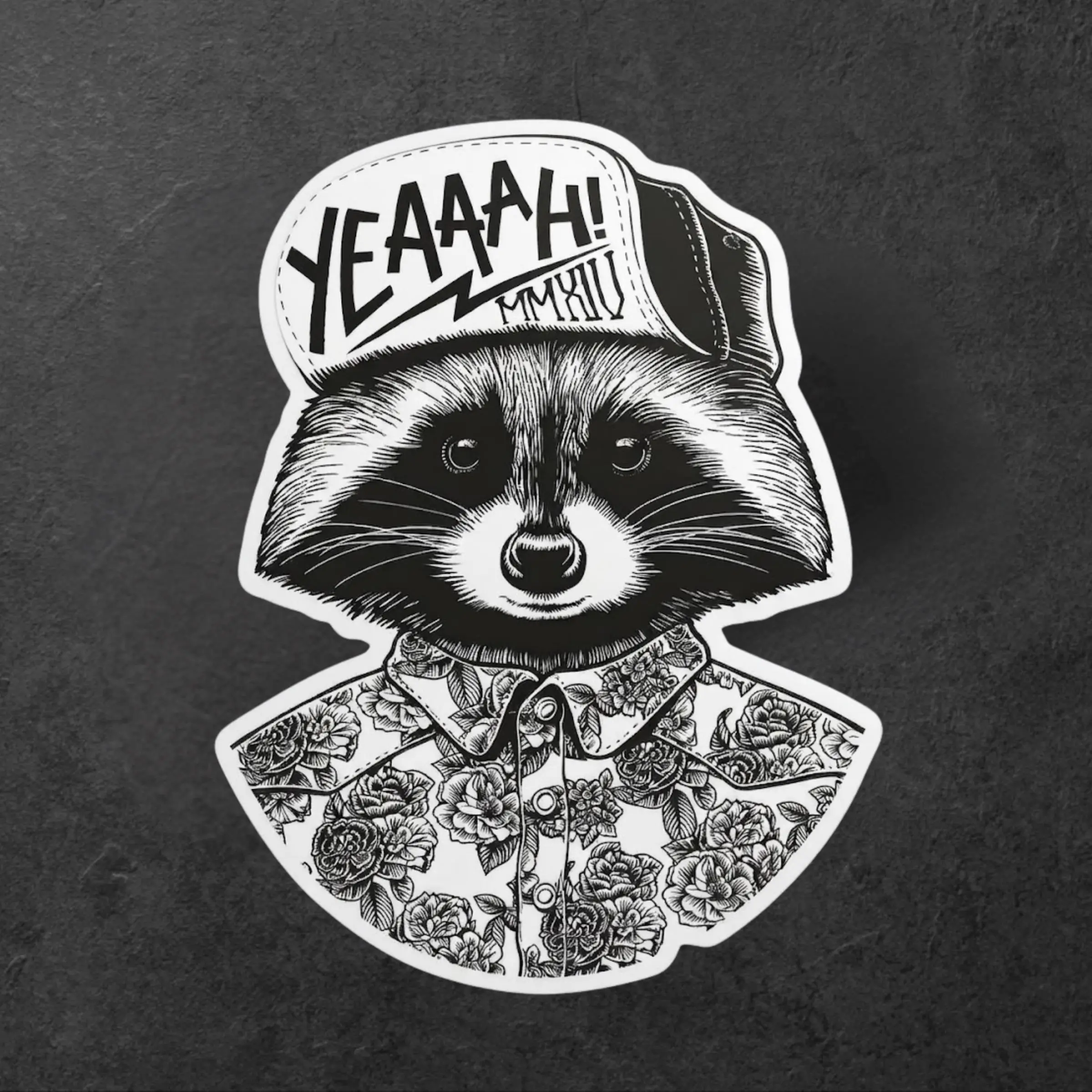 Swag Raccoon Wearing Floral Shirt And Cap Sticker, Aesthetic Streetwear Tattoo Style Vinyl Decal for Laptop and Phone