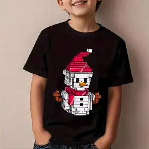 Christmas Boys' Snowman Graphic T-Shirt | Black Short Sleeve Casual Top with Red & Green Holiday Colors, Machine Washable Round Neck Tee for Summer & Fall, Playful Youngsters Design, Comfortable Fit