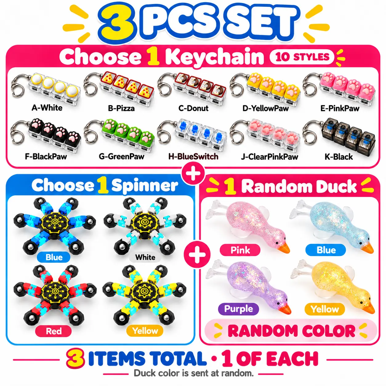 3-Piece Fidget Toy Set with Keyboard Clicker Keychain, Robot Fidget Spinner & Glitter Duck Squishy Toy, 1 of Each, Random Duck Color