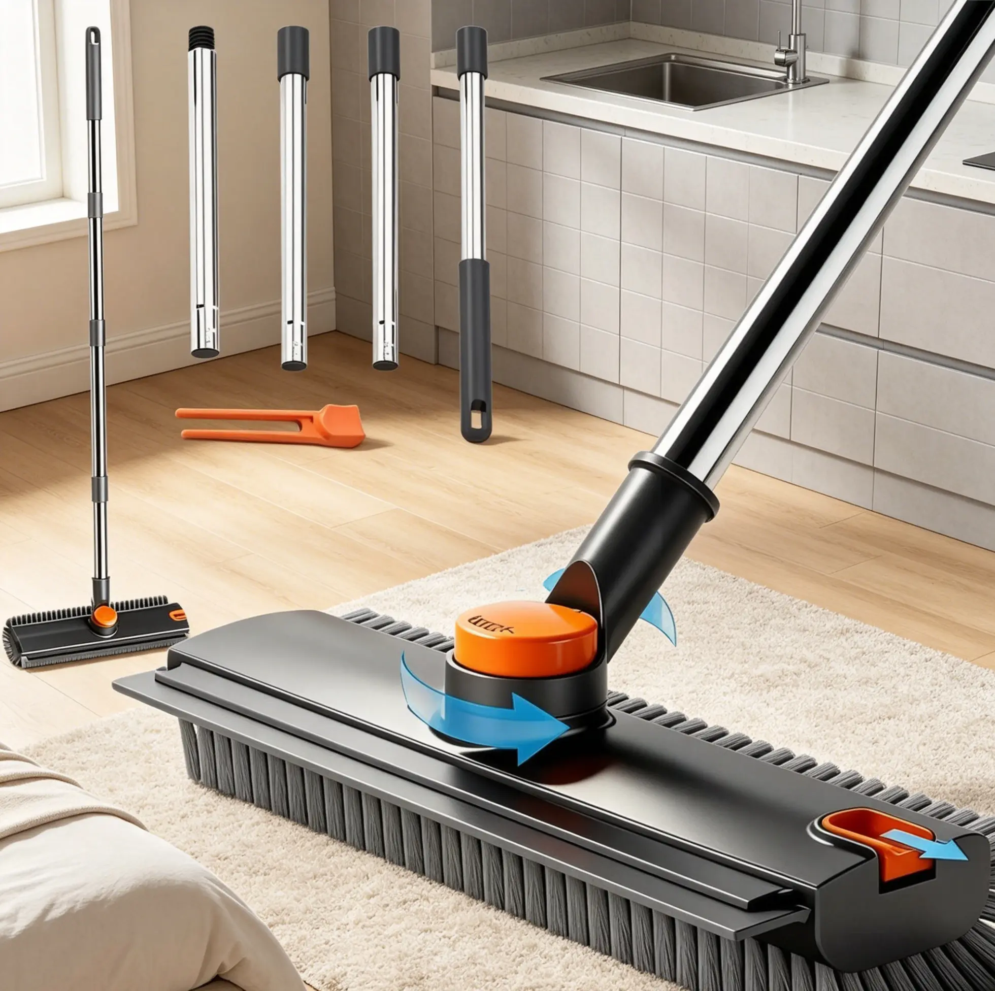 4-in-1 Multifunctional Floor Cleaning Scrub Brush with Stainless Steel Adjustable Telescopic Long Handle (28/40/52 in), Stiff Bristles, Squeegee & Tweezer, Home Care Supplies for Garage, Tile, Household Cleaning Tool Cleaning Supply